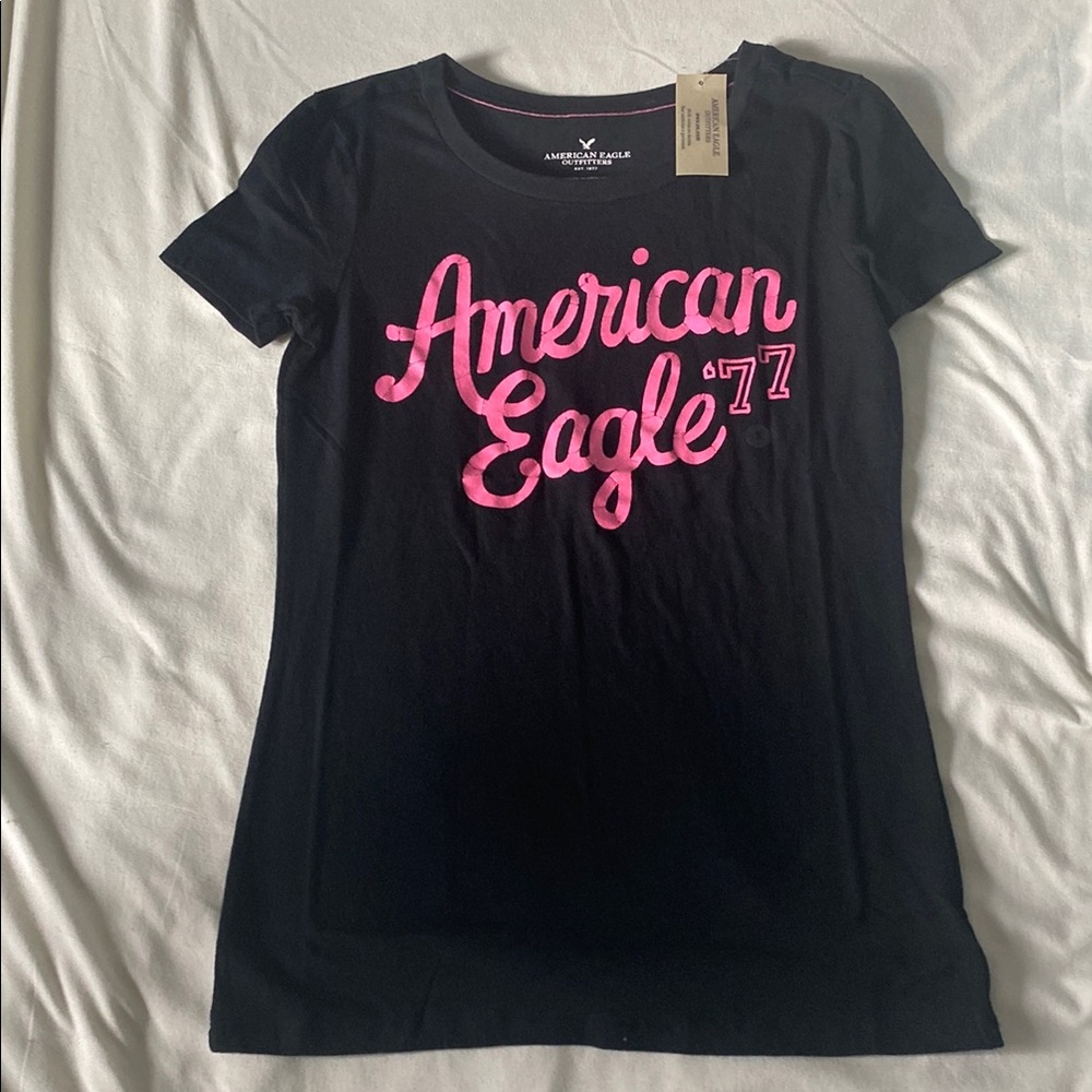 American Eagle Black T-Shirt with Pink Logo